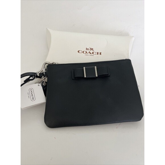 NWT Coach Wristlet 51672 Darcy Saffiano Leather Bow Wallet Black Silver - Picture 1 of 8